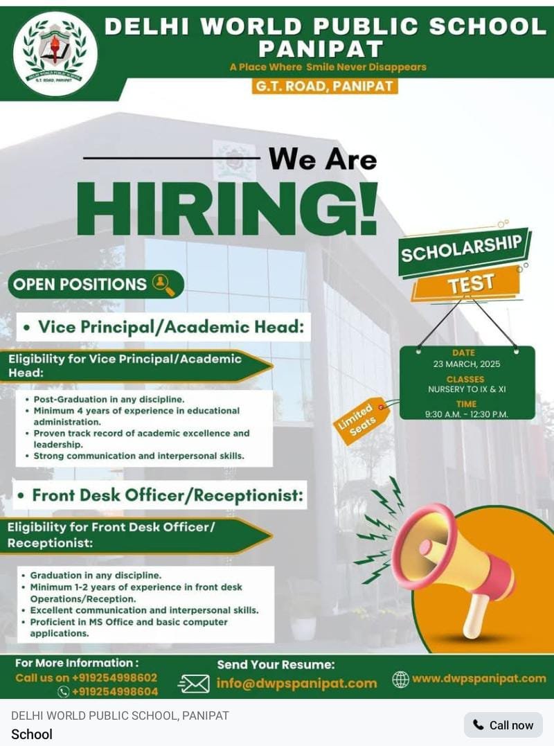 School Jobs at  Delhi World Public School G.T. Road, Panipat, Haryana ,  Panipat